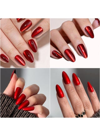 32Pcs Press On False Nails,Short Red Cat-Eye Almond-Shaped Artificial Nails, Perfectly Create a Fashionable Nail Art Effect. Fake Acrylic Nails With Glue Kit.False Nails Art DIY Gifts For Women. - view 2